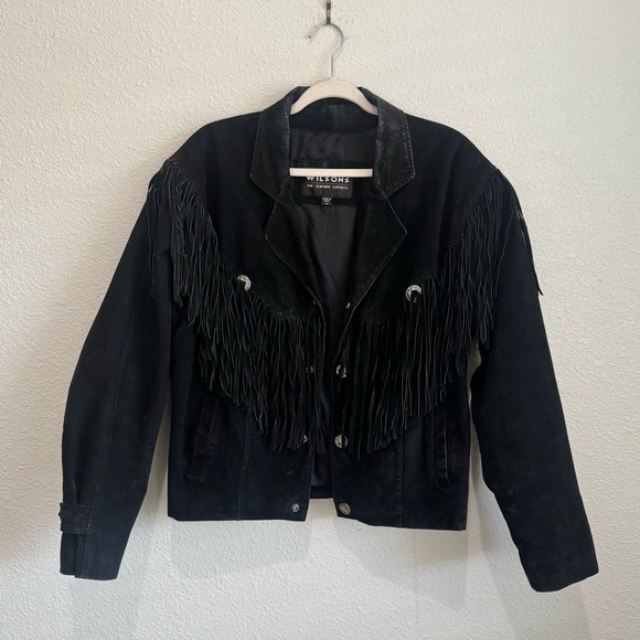 Vintage Wilsons Suede Leather Jacket Medium Black Fringe Western Biker Women’s - Picture 1 of 12